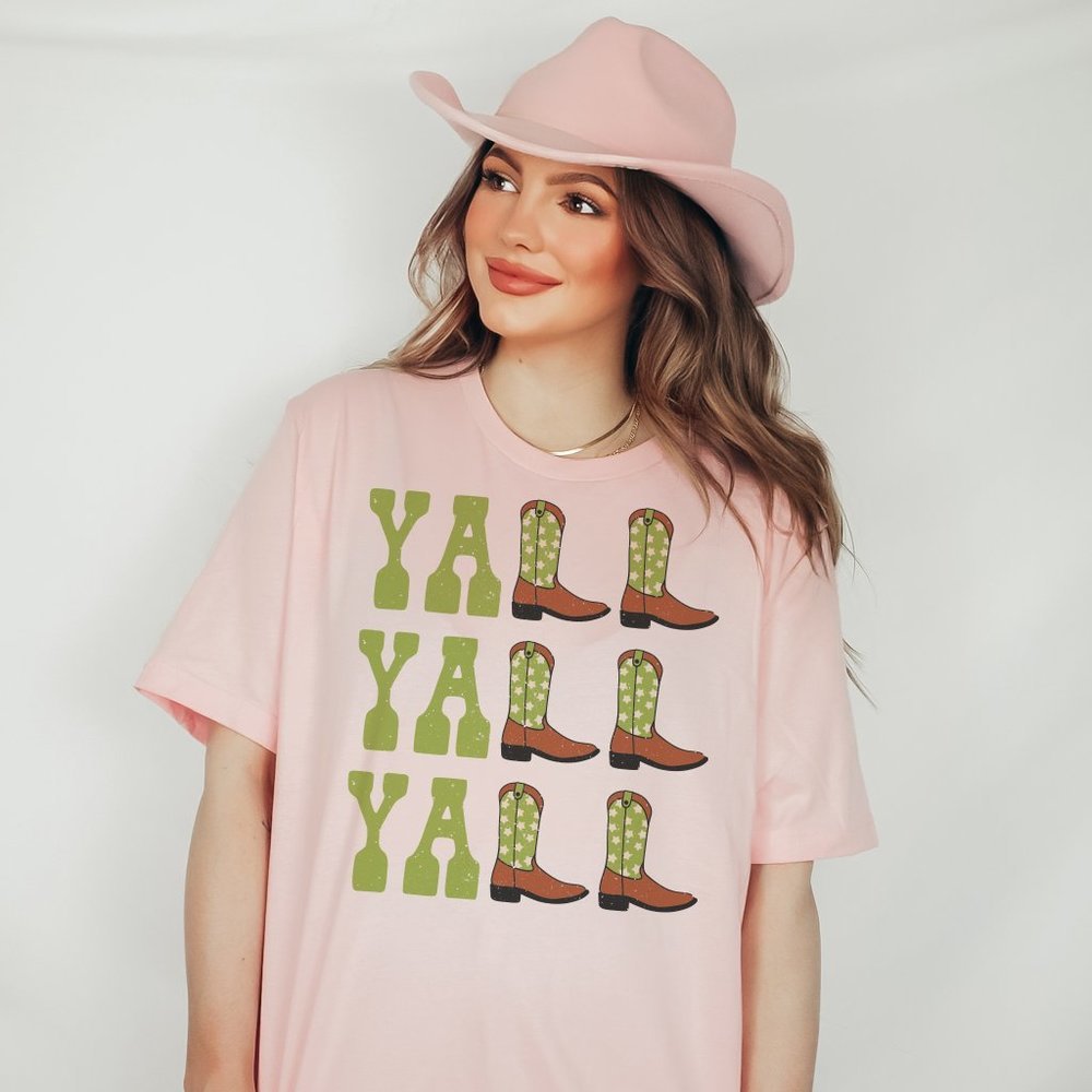 Yall Yall Yall Light Green Cowboy Cowgirl Western Boot Pink T shirt